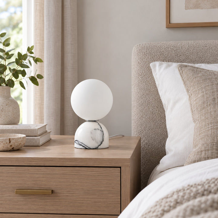 Modern Table Lamp with Marble Base and Glass Shade for Bedroom Nightstand Dimmable Lighting