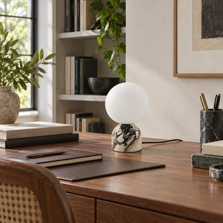 Modern Table Lamp with Marble Base and Glass Shade for Bedroom Nightstand Dimmable Lighting