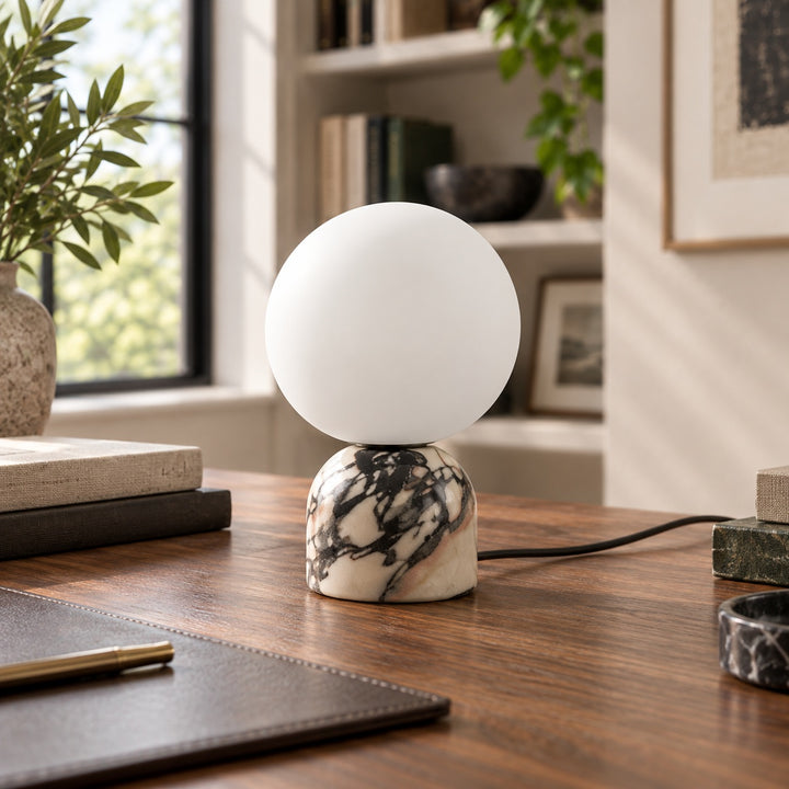 Modern Table Lamp with Marble Base and Glass Shade for Bedroom Nightstand Dimmable Lighting