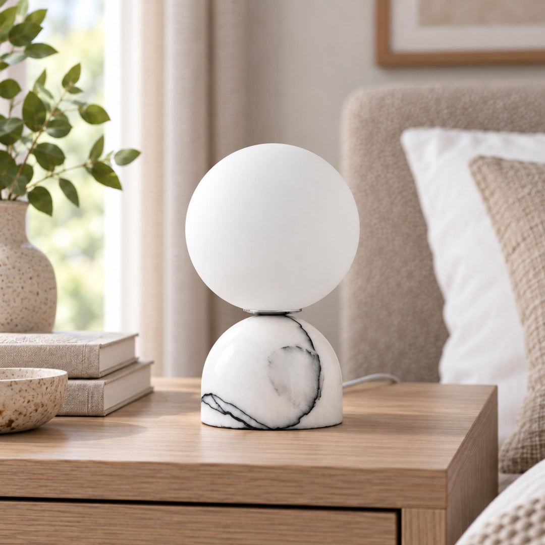 Modern Table Lamp with Marble Base and Glass Shade for Bedroom Nightstand Dimmable Lighting