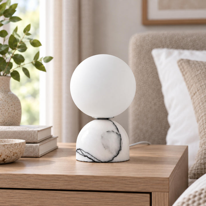 Modern Table Lamp with Marble Base and Glass Shade for Bedroom Nightstand Dimmable Lighting