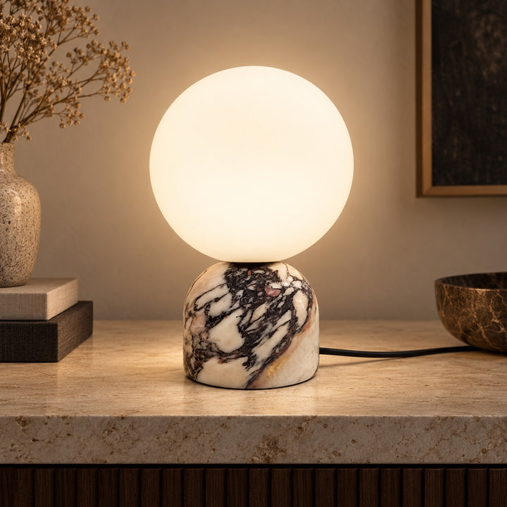 Modern Table Lamp with Marble Base and Glass Shade for Bedroom Nightstand Dimmable Lighting