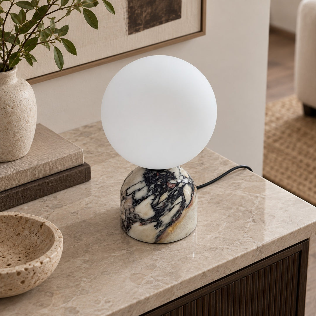 Modern Table Lamp with Marble Base and Glass Shade for Bedroom Nightstand Dimmable Lighting