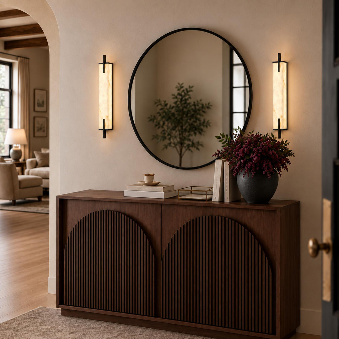 Modern Alabaster Wall Sconce Adjustable Copper Backplate Integrated LED Indoor Lighting