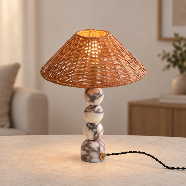 Contemporary Table Lamp with Rattan Shade and Marble Base USB Powered for Bedroom or Desk Use