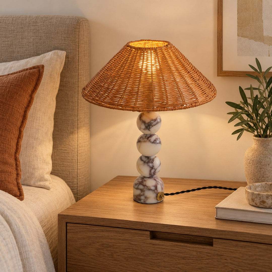 Contemporary Table Lamp with Rattan Shade and Marble Base USB Powered for Bedroom or Desk Use