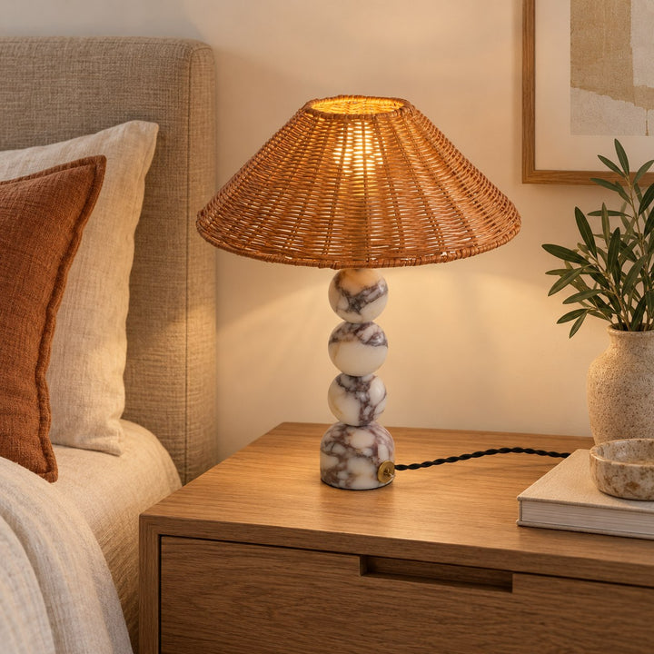 Contemporary Table Lamp with Rattan Shade and Marble Base USB Powered for Bedroom or Desk Use