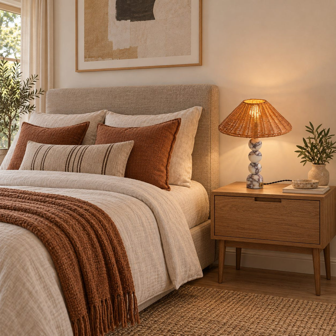 Contemporary Table Lamp with Rattan Shade and Marble Base USB Powered for Bedroom or Desk Use