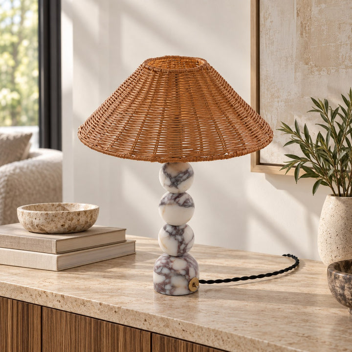Contemporary Table Lamp with Rattan Shade and Marble Base USB Powered for Bedroom or Desk Use