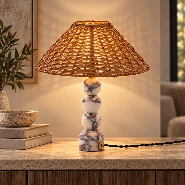 Contemporary Table Lamp with Rattan Shade and Marble Base USB Powered for Bedroom or Desk Use