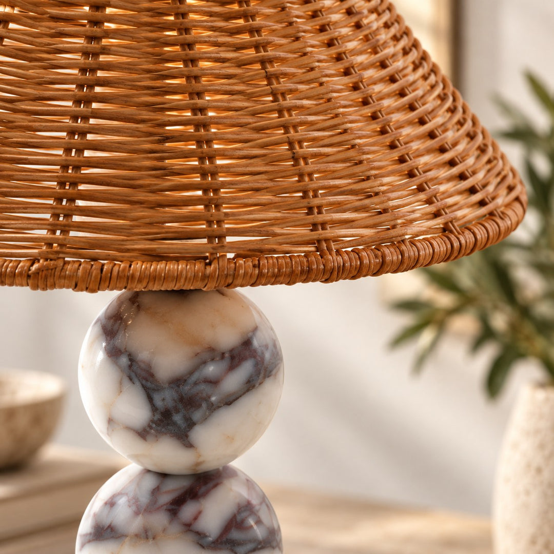 Contemporary Table Lamp with Rattan Shade and Marble Base USB Powered for Bedroom or Desk Use