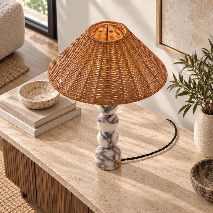 Contemporary Table Lamp with Rattan Shade and Marble Base USB Powered for Bedroom or Desk Use