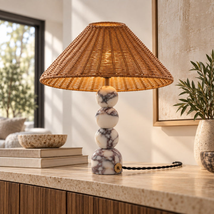 Contemporary Table Lamp with Rattan Shade and Marble Base USB Powered for Bedroom or Desk Use