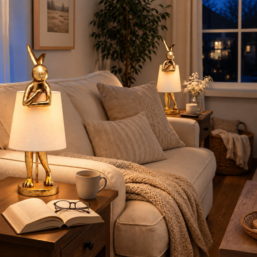 Contemporary Table Lamp Rabbit Figurine Resin Body Gold Finish Fabric Shade Adjustable E26 E27 Socket