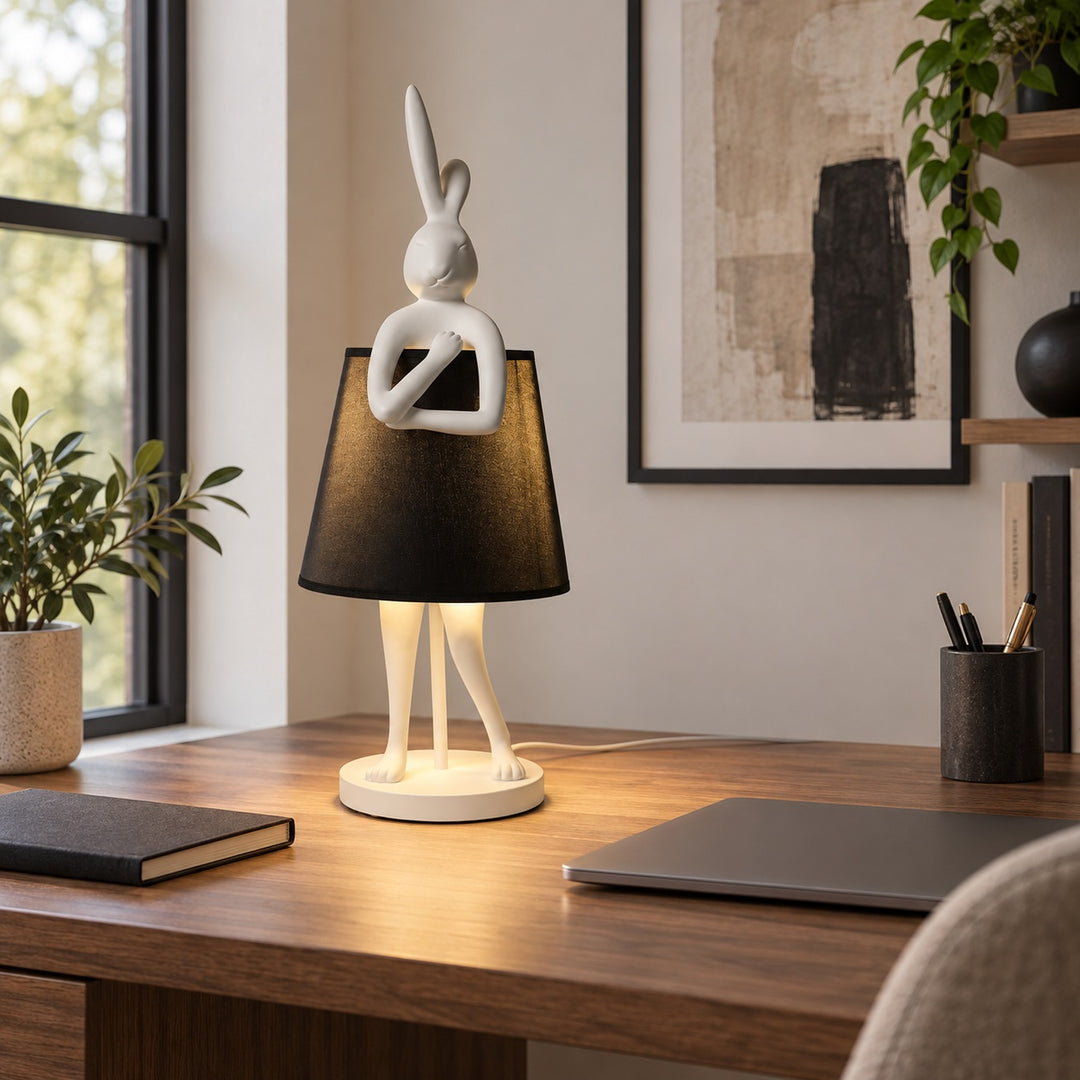 Contemporary Table Lamp Rabbit Figurine Resin Body Gold Finish Fabric Shade Adjustable E26 E27 Socket