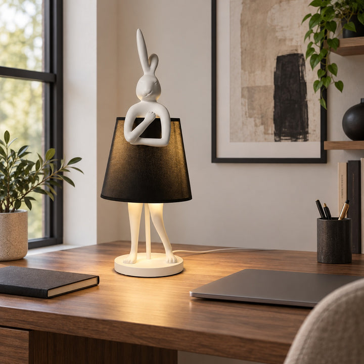 Contemporary Table Lamp Rabbit Figurine Resin Body Gold Finish Fabric Shade Adjustable E26 E27 Socket