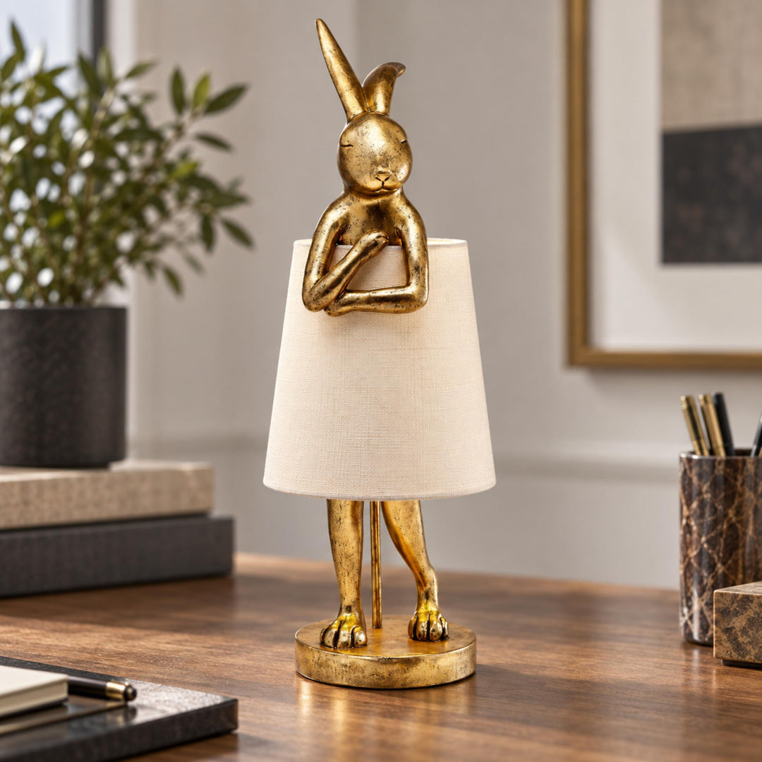 Contemporary Table Lamp Rabbit Figurine Resin Body Gold Finish Fabric Shade Adjustable E26 E27 Socket