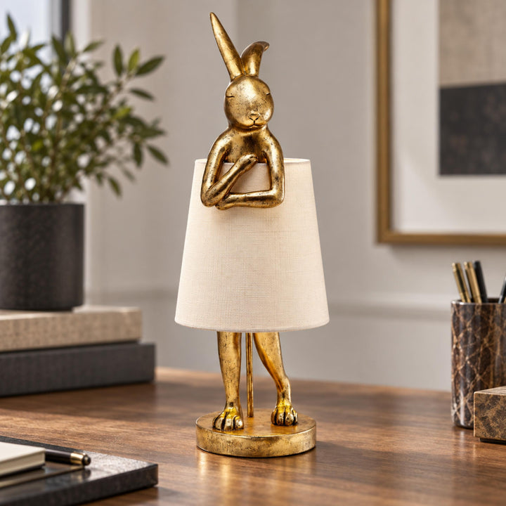 Contemporary Table Lamp Rabbit Figurine Resin Body Gold Finish Fabric Shade Adjustable E26 E27 Socket