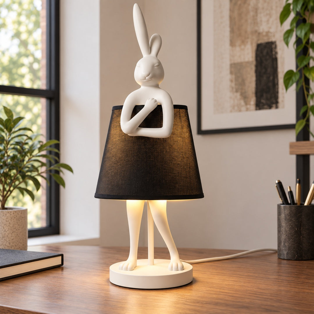 Contemporary Table Lamp Rabbit Figurine Resin Body Gold Finish Fabric Shade Adjustable E26 E27 Socket