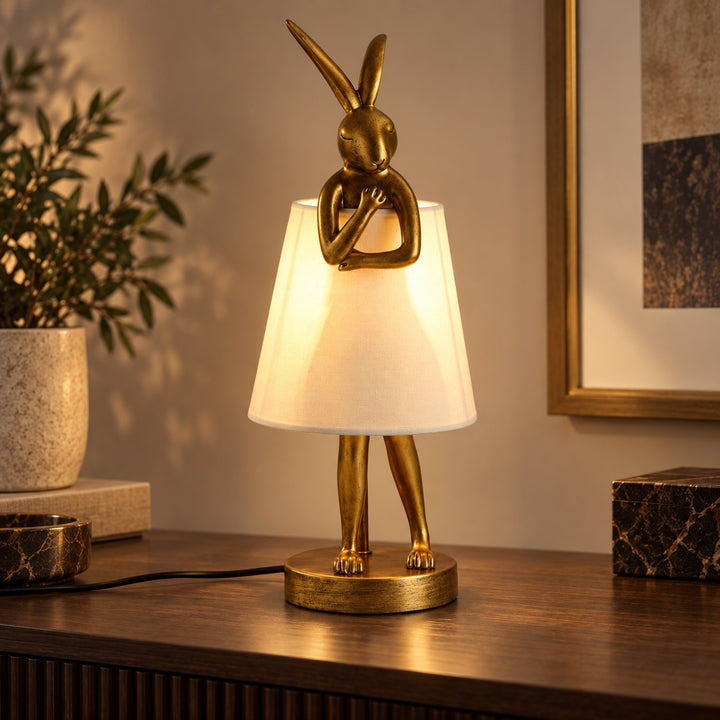 Contemporary Table Lamp Rabbit Figurine Resin Body Gold Finish Fabric Shade Adjustable E26 E27 Socket