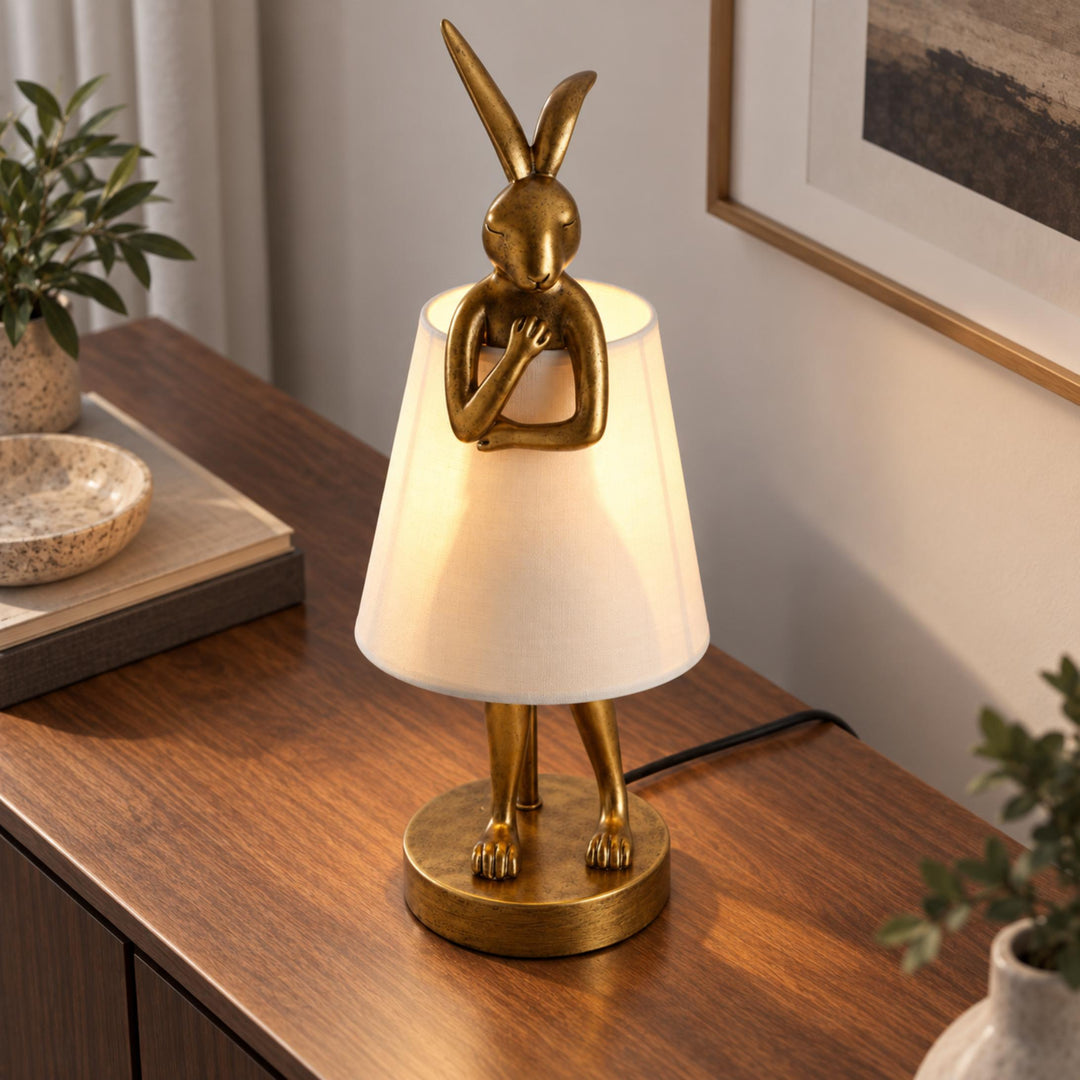 Contemporary Table Lamp Rabbit Figurine Resin Body Gold Finish Fabric Shade Adjustable E26 E27 Socket