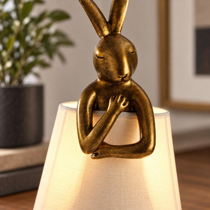 Contemporary Table Lamp Rabbit Figurine Resin Body Gold Finish Fabric Shade Adjustable E26 E27 Socket