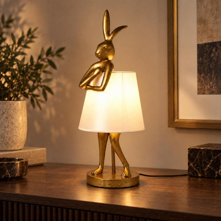 Contemporary Table Lamp Rabbit Figurine Resin Body Gold Finish Fabric Shade Adjustable E26 E27 Socket