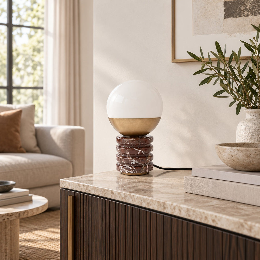 Modern Table Lamp with Cylindrical Marble Base and White Glass Orb Shade for Ambient Lighting
