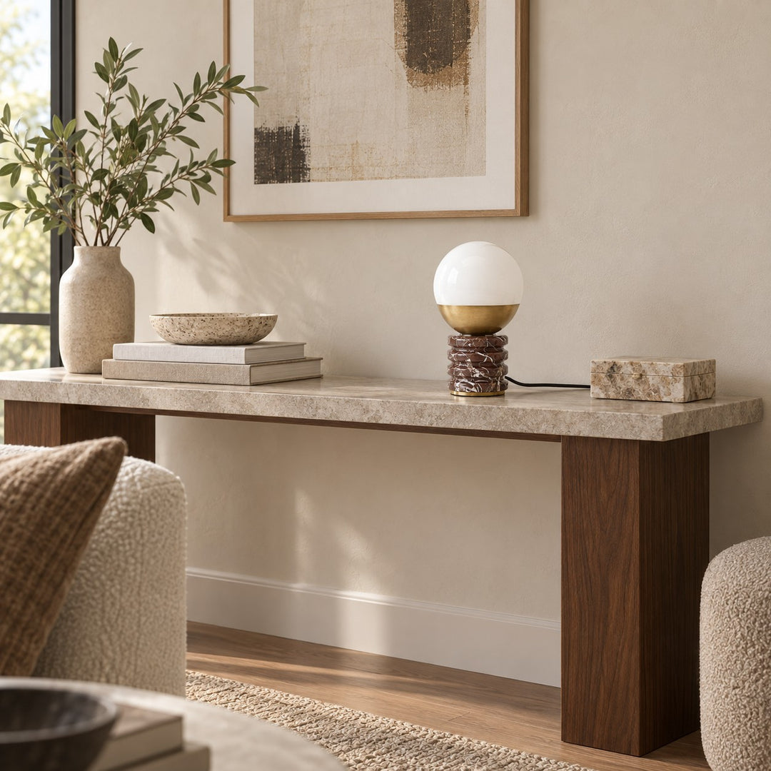 Modern Table Lamp with Cylindrical Marble Base and White Glass Orb Shade for Ambient Lighting