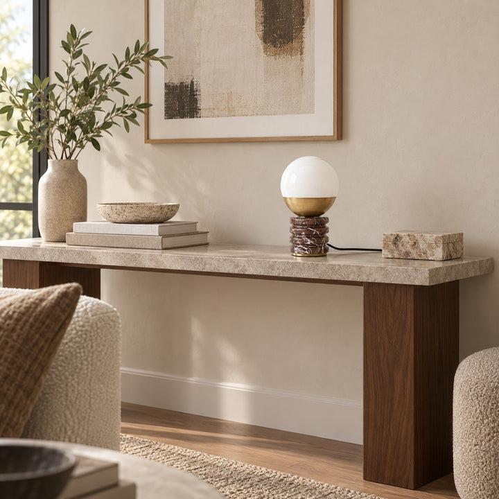 Modern Table Lamp with Cylindrical Marble Base and White Glass Orb Shade for Ambient Lighting