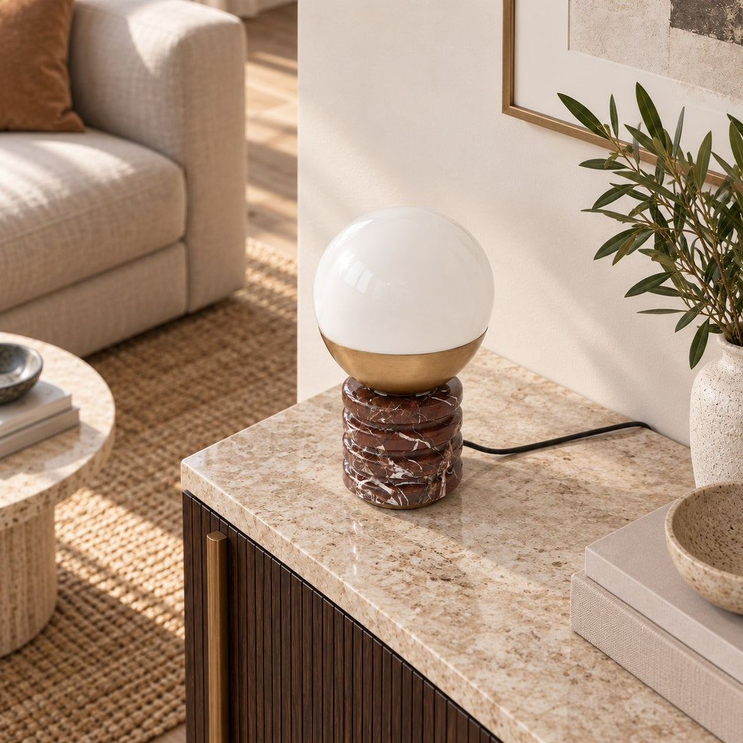 Modern Table Lamp with Cylindrical Marble Base and White Glass Orb Shade for Ambient Lighting
