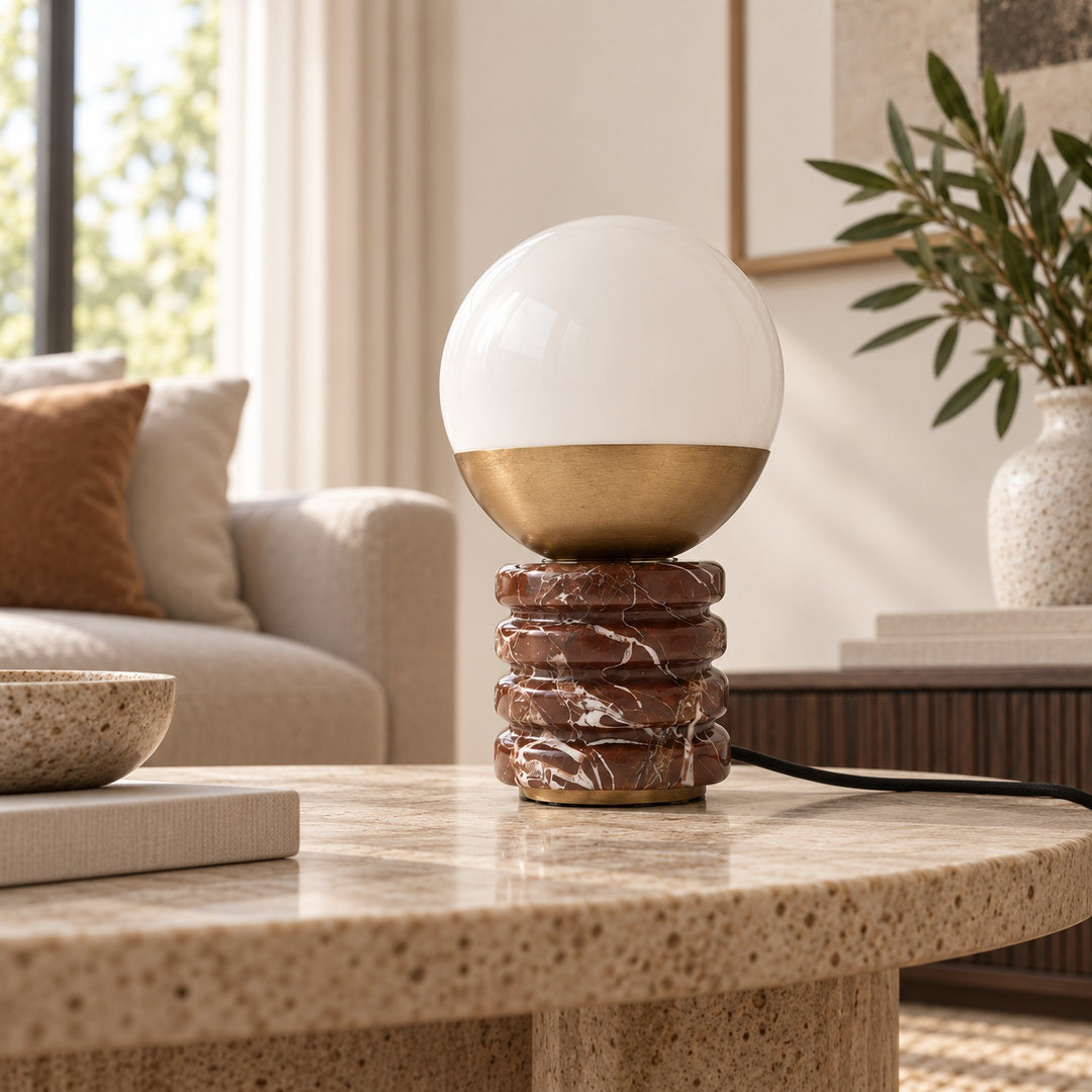 Modern Table Lamp with Cylindrical Marble Base and White Glass Orb Shade for Ambient Lighting