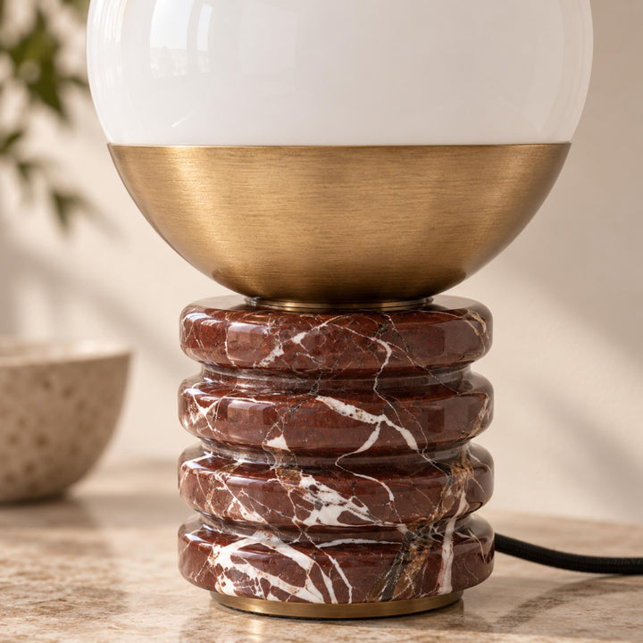 Modern Table Lamp with Cylindrical Marble Base and White Glass Orb Shade for Ambient Lighting