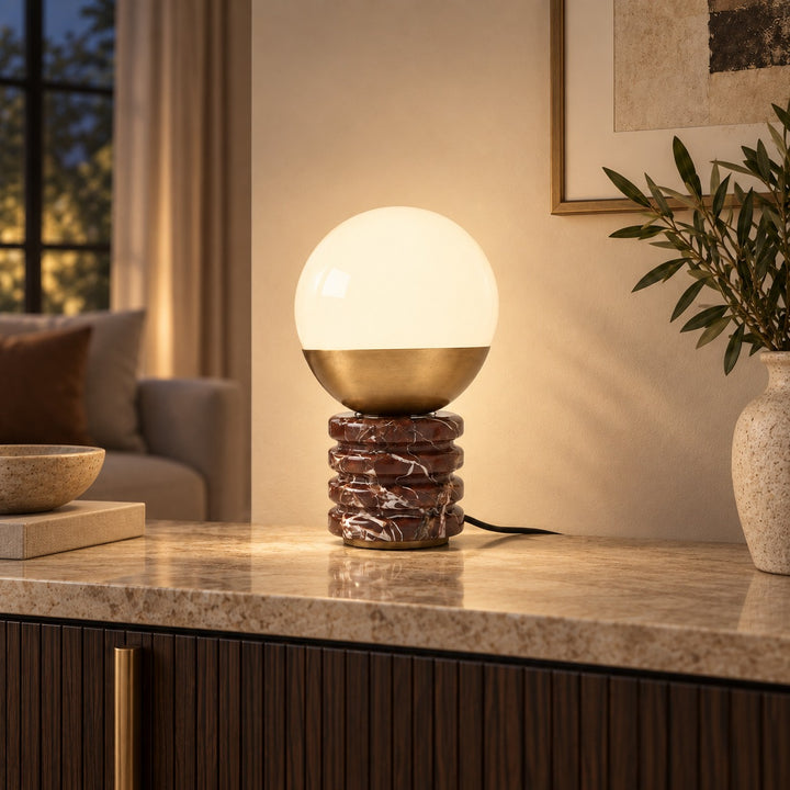 Modern Table Lamp with Cylindrical Marble Base and White Glass Orb Shade for Ambient Lighting