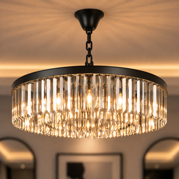 Modern Crystal Chandelier Adjustable Hanging Light Fixture K9 Glass for E12 LED Bulbs