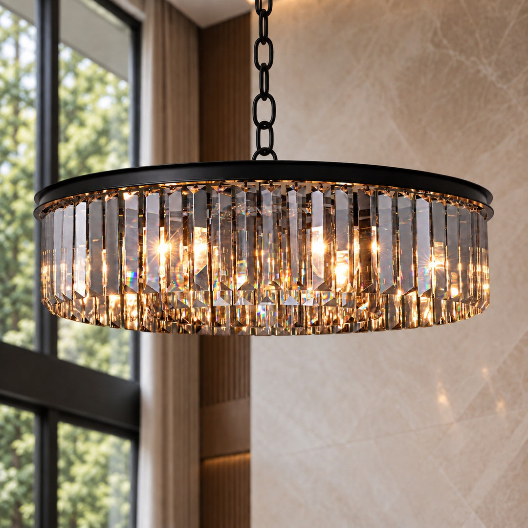 Modern Crystal Chandelier Adjustable Hanging Light Fixture K9 Glass for E12 LED Bulbs