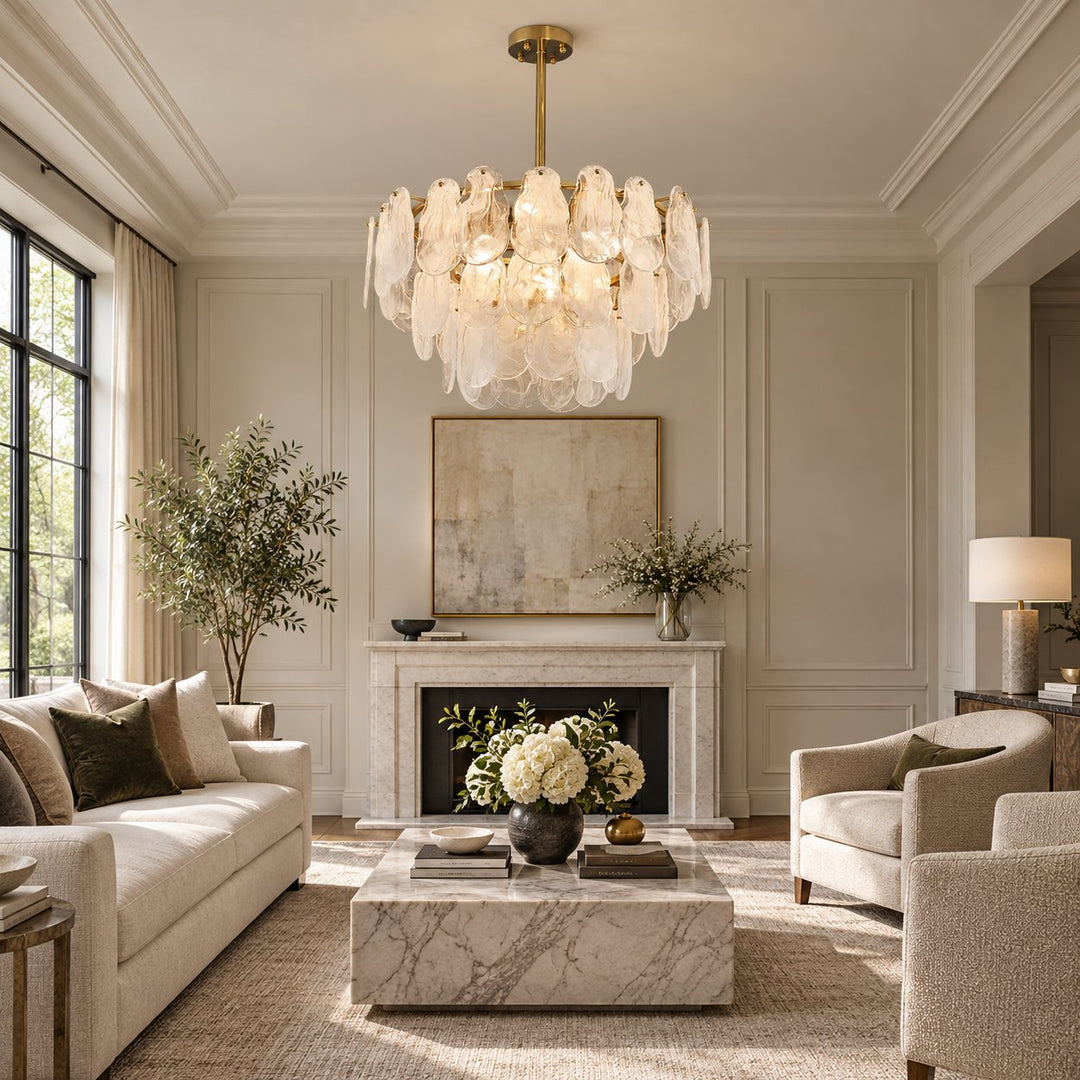 Modern Chandelier Adjustable Height Metal Frame Gold Hanging Light Fixtures E12 Bulb Compatible