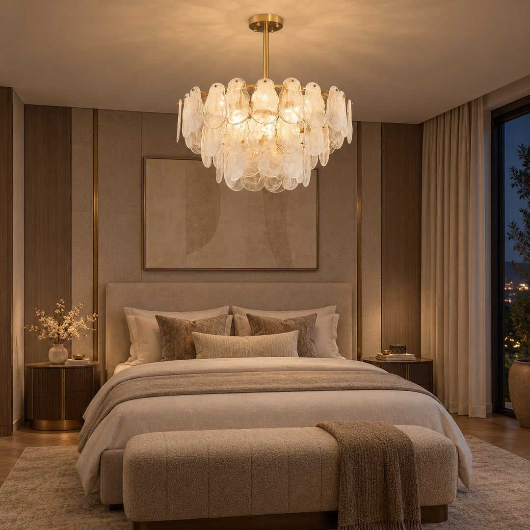 Modern Chandelier Adjustable Height Metal Frame Gold Hanging Light Fixtures E12 Bulb Compatible