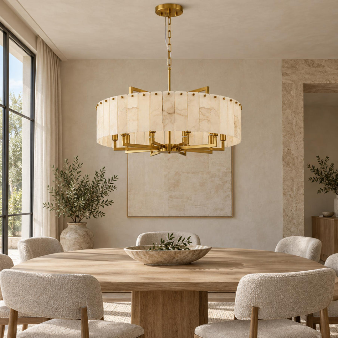 Modern Designer Chandelier Hanging Alabaster and Brass LED Light Fixture Adjustable Height