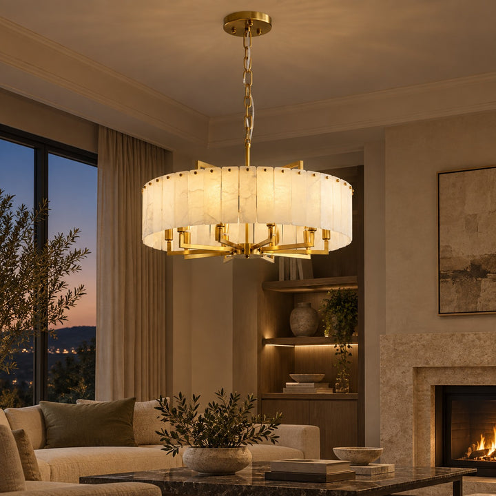 Modern Designer Chandelier Hanging Alabaster and Brass LED Light Fixture Adjustable Height