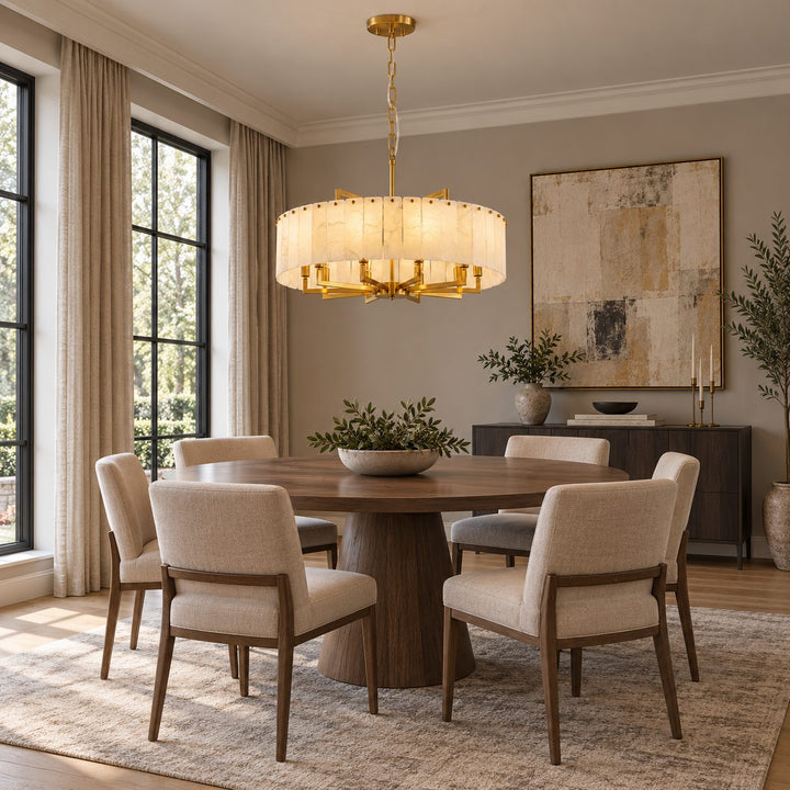 Modern Designer Chandelier Hanging Alabaster and Brass LED Light Fixture Adjustable Height