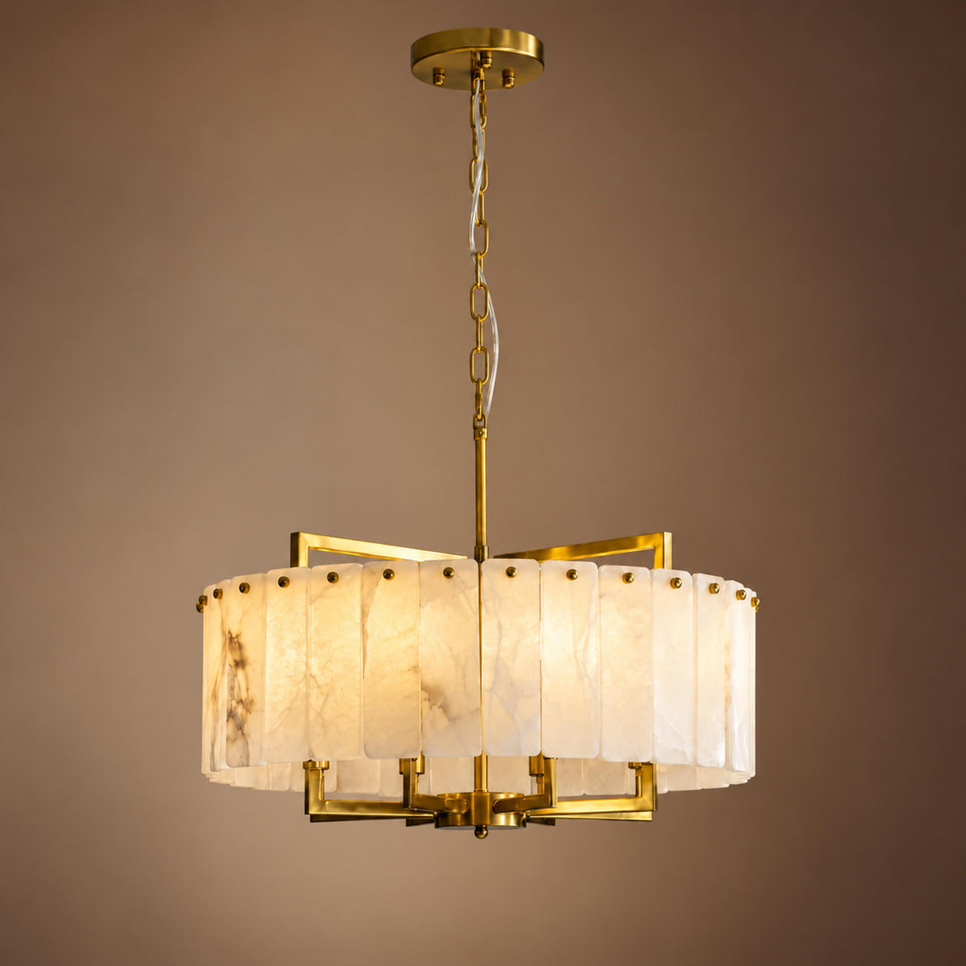 Modern Designer Chandelier Hanging Alabaster and Brass LED Light Fixture Adjustable Height