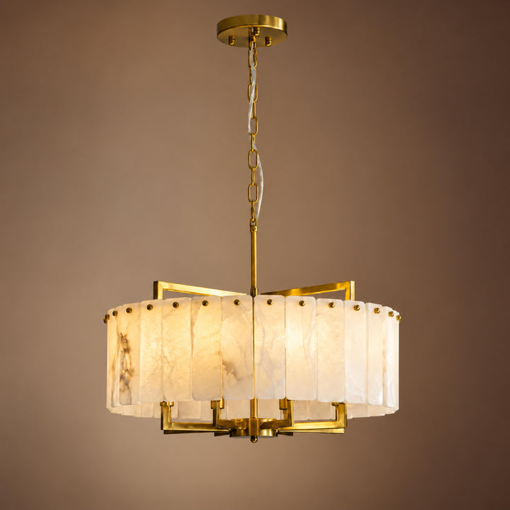 Modern Designer Chandelier Hanging Alabaster and Brass LED Light Fixture Adjustable Height