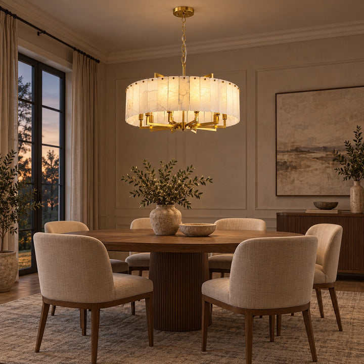 Modern Designer Chandelier Hanging Alabaster and Brass LED Light Fixture Adjustable Height