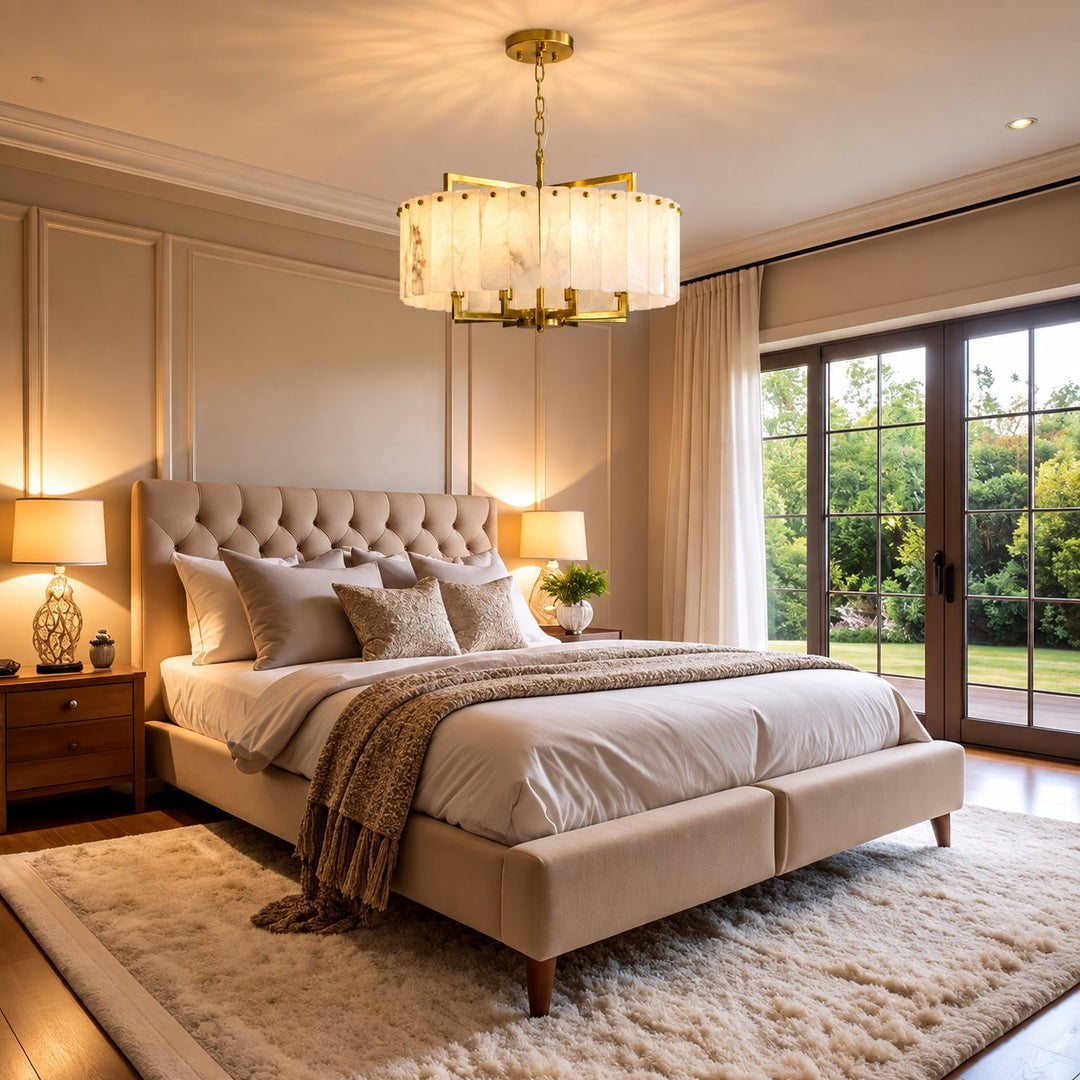 Modern Designer Chandelier Hanging Alabaster and Brass LED Light Fixture Adjustable Height