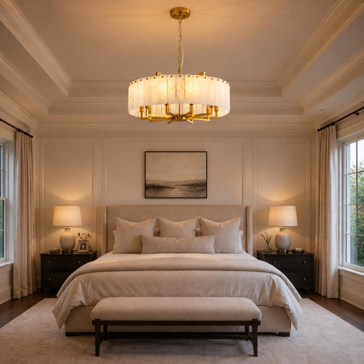 Modern Designer Chandelier Hanging Alabaster and Brass LED Light Fixture Adjustable Height