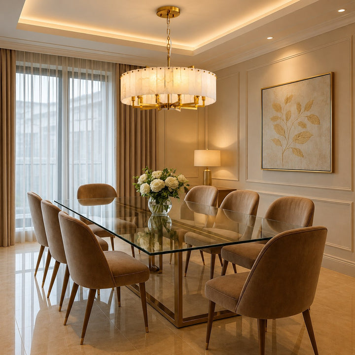 Modern Designer Chandelier Hanging Alabaster and Brass LED Light Fixture Adjustable Height
