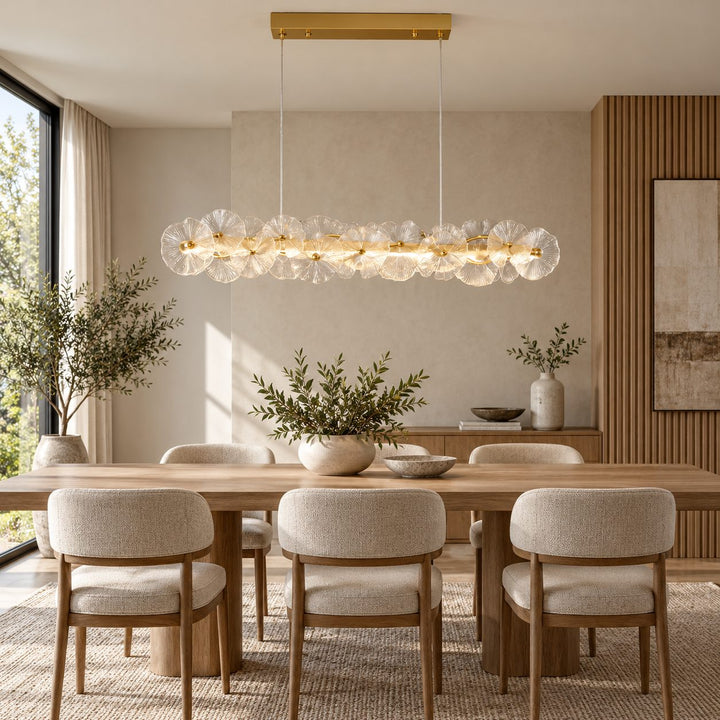 Modern Linear Chandelier Hanging Gold Metal and Glass Floral Design LED Light Fixture