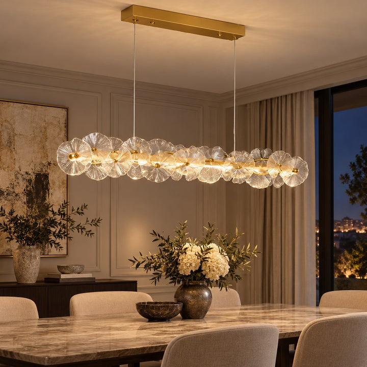 Modern Linear Chandelier Hanging Gold Metal and Glass Floral Design LED Light Fixture