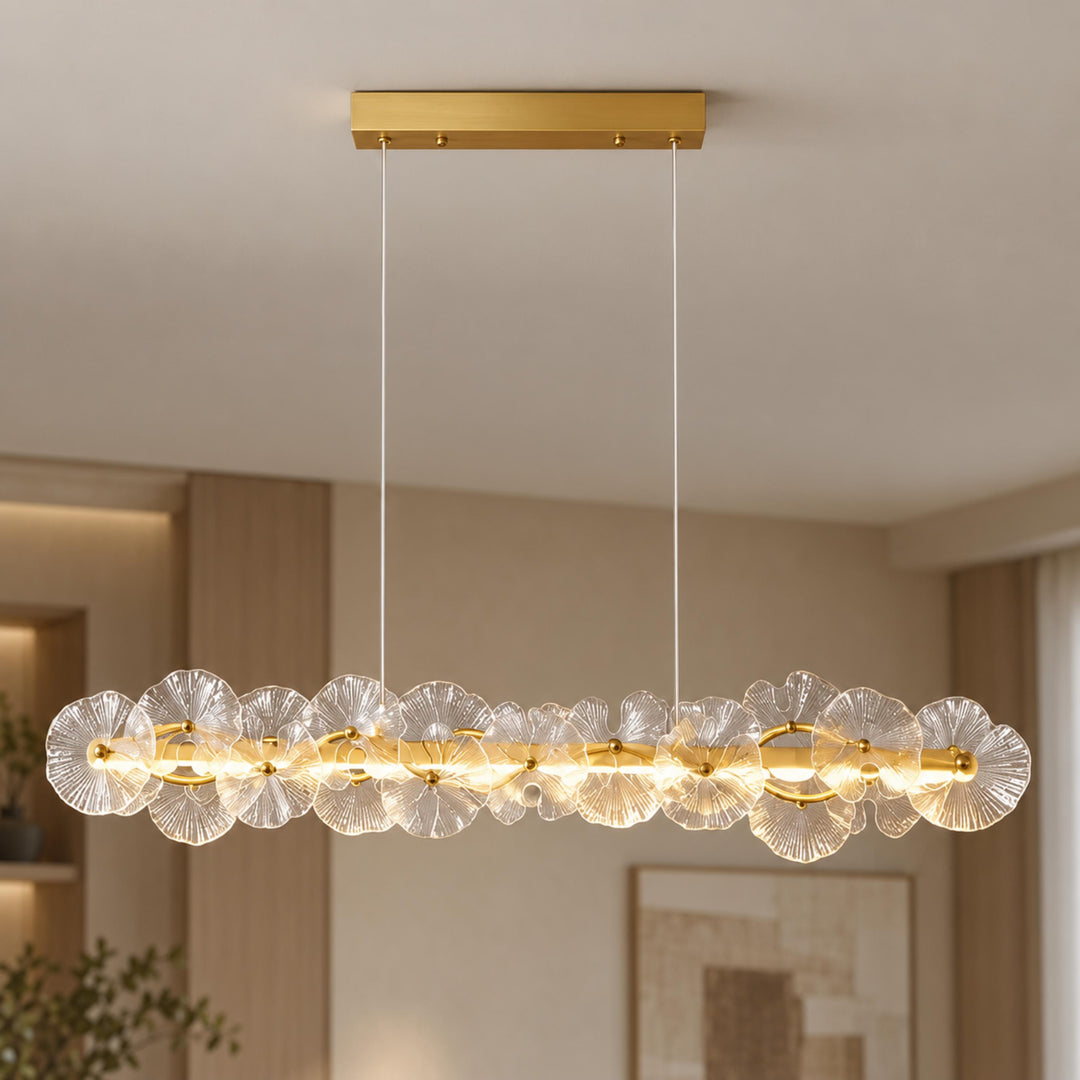 Modern Linear Chandelier Hanging Gold Metal and Glass Floral Design LED Light Fixture
